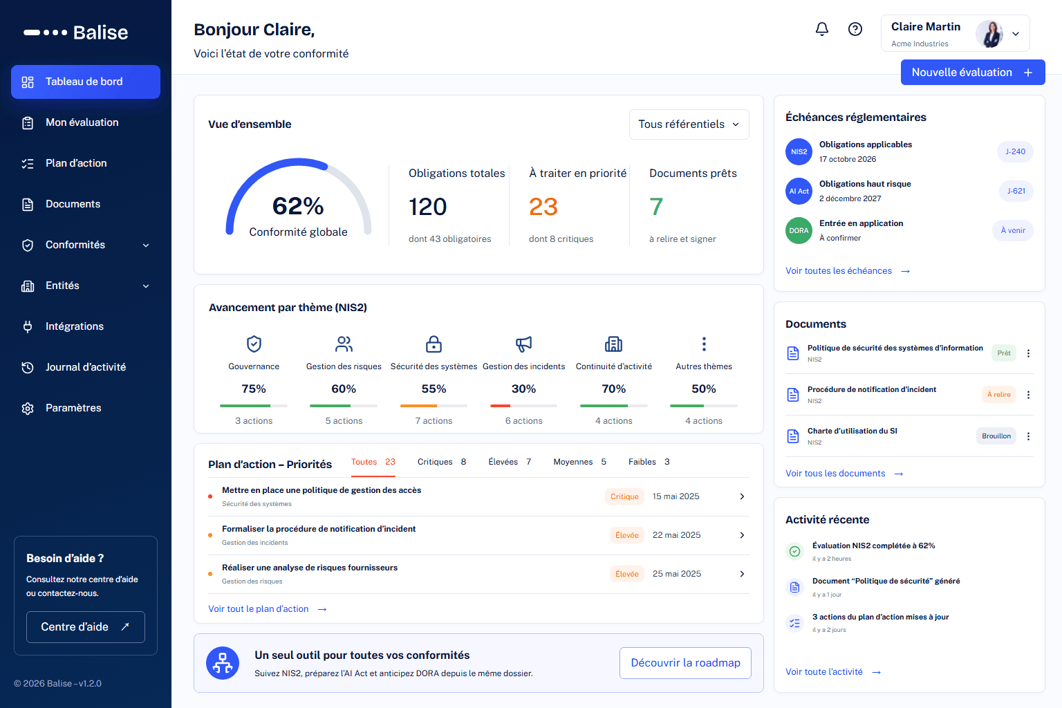 Tableau de bord réel de l’application Balise avec score de conformité, actions et échéances